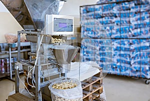 Sorting and packing line of stuffed breakfast cereal pillows at factory conveyor for cereal snack production of flour products,