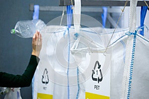 Sorting recyclables. Volunteer eco-activist sort polyethylene Terephthalate PET plastic bottles by color to a containers with photo