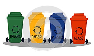 Sorting and recycling garbage by material with different types of colored waste bins with symbols for organic, paper, glass,