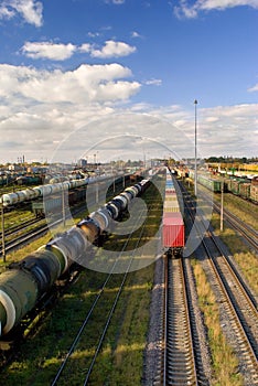 Sorting station with freight trains in sunny day