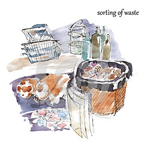 Sorting waste for recycling. Waetrcolor illustration