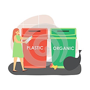 Sorting waste for recycling. Woman, ecologist throwing plastic bottle into red trash can, flat vector illustration photo