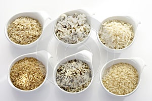 Sorts of Rice in bowls, raw and cooked