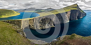 Sorvagsvatn lake over the Atlantic ocean panorama, Faroe Islands