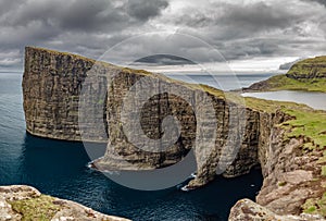Sorvagsvatn lake over the ocean spectacular panorama, Faroe Islands