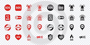 SOS Emergency icons set. Red and black SOS icons. Vector scalable graphics