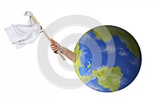 SOS hand hold white flag planet