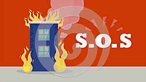 sos international emergency word with building onfire