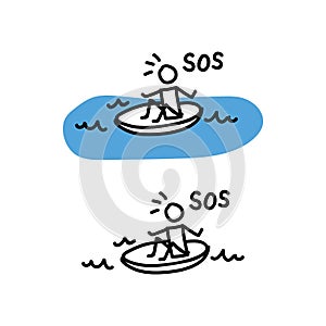 SOS life raft stick figure vector illustration. Hand drawn communication of rescue. Stickman in boat clipart.