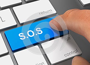 Sos pushing keyboard with finger 3d illustration