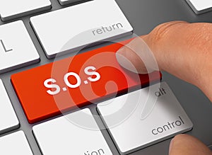 Sos pushing keyboard with finger 3d illustration