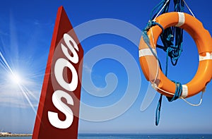 SOS Sign Lifebuoy Sea and Blue Sky