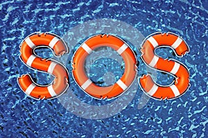 SOS word formed with life buoys on the sea. 3D illustration