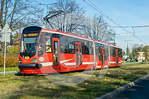 Sosnowiec, Poland -28.10.2021- running red tram in Sosnowiec