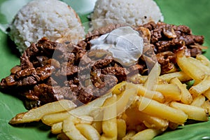 Sote stroganoff with rice and french fries on plate