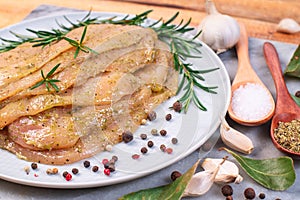 Sottilissime in a white marinade on a white plate with a branch of razmarin and spices with wooden spoons, garlic on a marble
