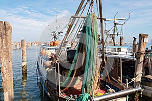 Sottomarina - Fishing trawlers in the port of Sottomarina, Veneto, Northern Italy, Europe. Panoramic view