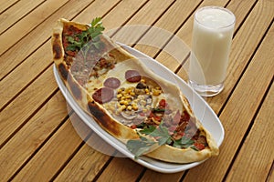 Turkish Pizza and Yogurt Drink.