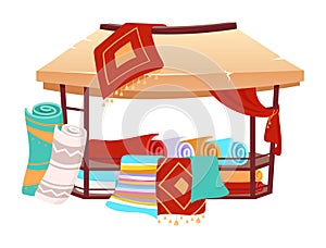 Souk trade tent with handmade turkish carpets cartoon vector illustration