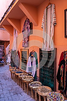 Souks in Morocco selling clothing and jewellary photo