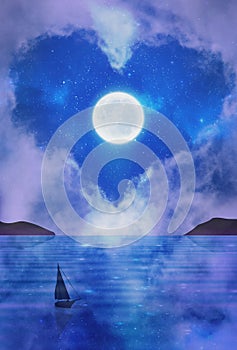 Soul journey, moon light guidance, twin flame energy dance, heart shape cloud, full moon rising out of the sea, night landscape