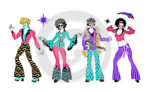 Soul Party Time. Dancers of soul, funk or disco. People in 1980s, eighties style clothes dancing disco set