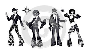 Soul Party Time. Dancers of soul silhouette funk or disco.People in 1980s, eighties style clothes dancing