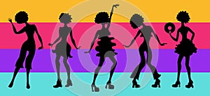 Soul Party Time. Dancers of soul silhouette funk or disco.People in 1980s, eighties style clothes dancing disco, cartoon vector il