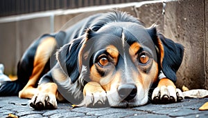 Soulful Dog Lying on Pavement