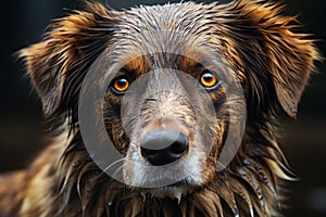 Soulful Gaze: Wet Dog Locks Eyes with the Camera. Generative AI