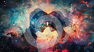 Souls United: Cosmic Love of Man and Woman Silhouettes in Esoteric & Spiritual Life Concept with Generative AI