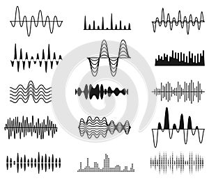 Sound amplitude waves. Radio signal symbols. Audio music equalizer, voice wave vector set isolated photo