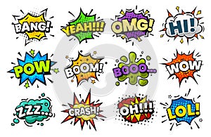 Sound blasts, comic pop art speech bubbles cartoon