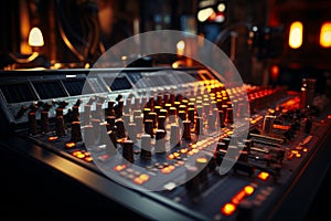 A sound board with various knobs and lights for audio mixing and control. A sound board with many knobs and lights