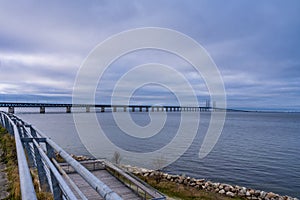 The Oresund Bridge, the bridge and underwater tunnel connecting Malmo, Sweden with Copenhagen, Denmark. A beautiful