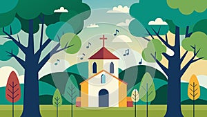 The sound of church hymns echoing through the trees filling the outdoor space with uplifting music.. Vector illustration photo