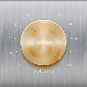 Sound control with golden brushed texture and number scale isolated on metal texture background
