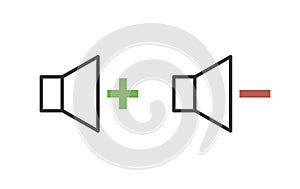 Sound control interface icons with plus and minus sign for volume adjustment. Vector thin line minimal illustrations