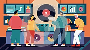The sound of crackling records fills the air as music lovers reminisce about the good old days of vinyl records.. Vector photo