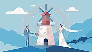 The sound of creaking blades and rushing wind provides a serene backdrop as a pair of newlyweds exchange heartfelt vows