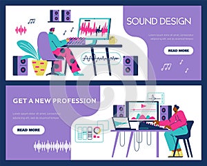 Sound design vocational education banners or flyers, flat vector illustration.