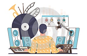 Sound designer, engineer creating, mixing, recording music, flat vector illustration. Sound production equipment.