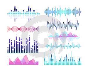 Sound effects vector color illustrations set. Soundwaves and voice vibration visualization. Audio player equalizer