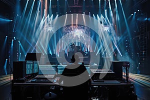 Sound engineer controlling live concert audio mixer