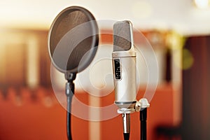 Sound equipment, microphone or recording studio gear for singer, musician or pop artist in music practice, theatre or