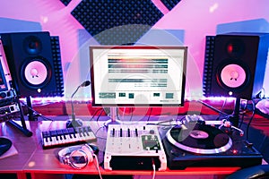 Sound equipment in professional audio recording studio