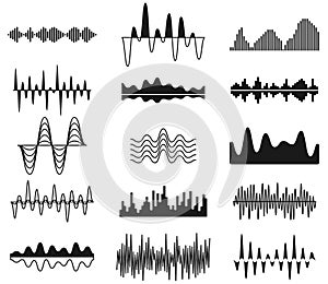 Sound frequency waves. Analog curved signal symbols. Audio track music equalizer forms, soundwaves signals vector set