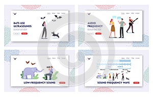Sound Frequency Waves Landing Page Template Set. Tiny Characters at Huge Infographics Presenting Sound Amplitude
