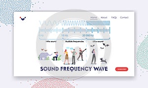 Sound Frequency Waves Landing Page Template. Tiny Characters at Huge Infographics Presenting Sound Waves Amplitude