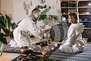 Sound healing with singing bowls, percussion music. Mental health